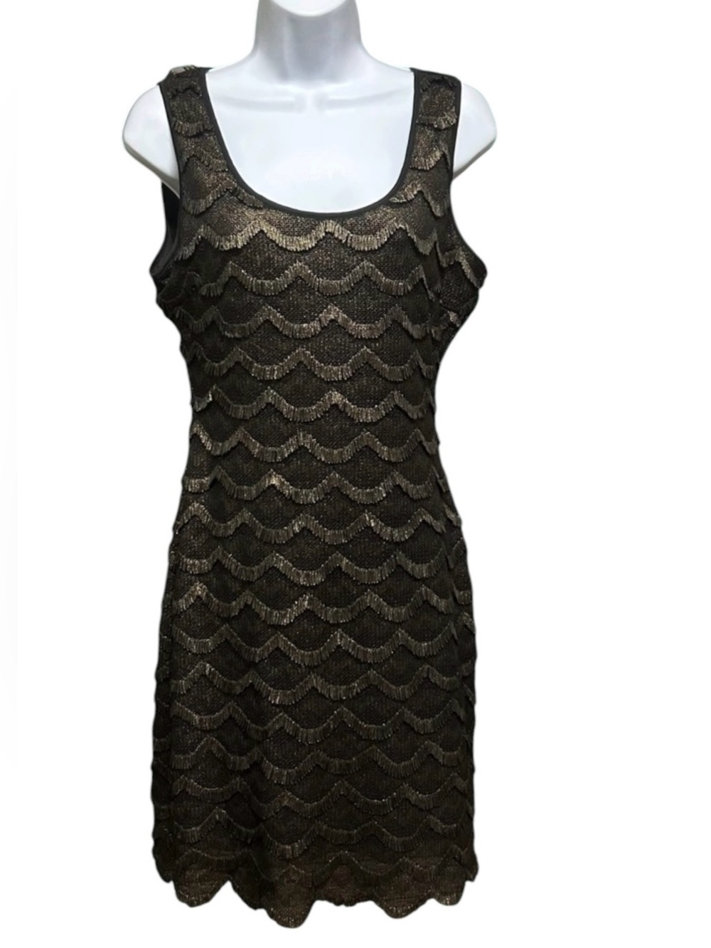 Guess LA Sleeveless Bodycon Black Gold Scallop Fringe Dress Size 8